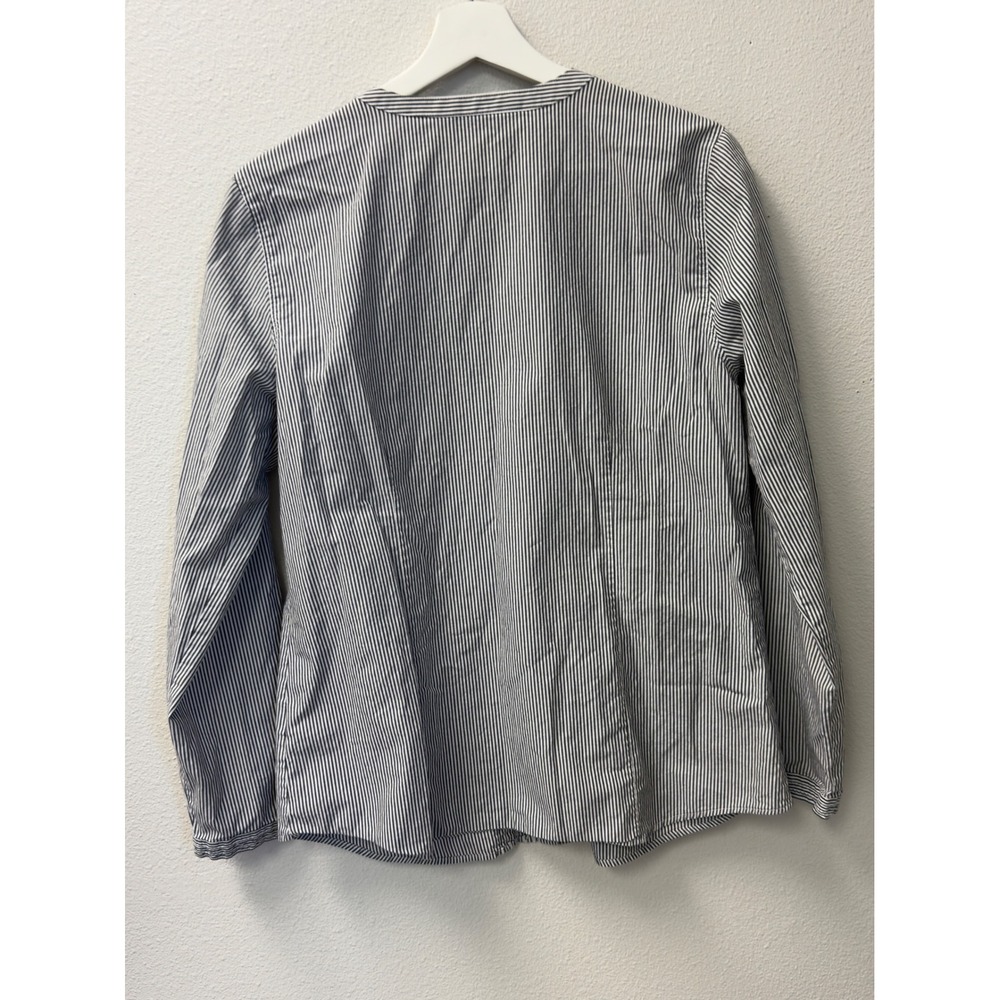 Orvis Pinstripe Ruffle Trim Button Up‎ Blouse Navy Blue White 12 Coastal Grandma - Picture 2 of 6